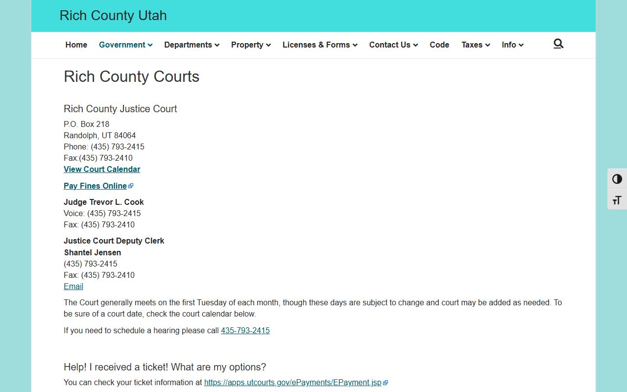 Rich County court records contacts and calendar information