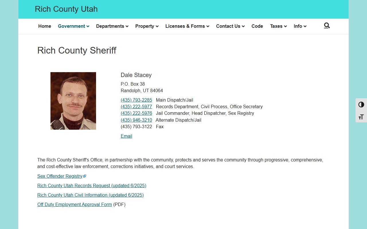Rich County inmate population sheriff contact page